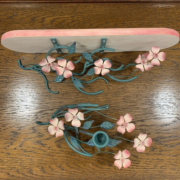 2 Piece EUC 1980s HOMCO 3D Green Metal Wall Art Pink Flower Shelf & Taper Holder